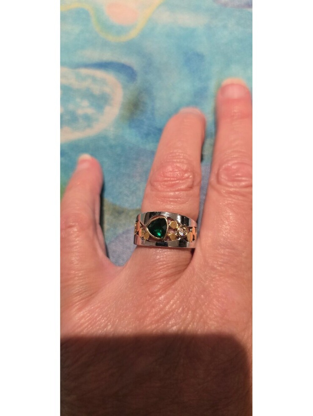 Wide Silver Ring sz 8 with Green Teardrop Stone and Clear Accents